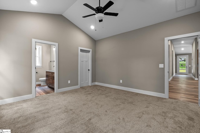156 Grand Oak Cir, Pendleton, SC 29670 - unfurnished bedroom featuring carpet flooring, recessed lighting, high vaulted ceiling, connected bathroom, and a ceiling fan
