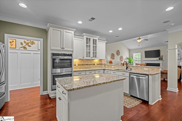 228 Holstein Ct, Fountain Inn, SC 29644 - kitchen with stainless steel appliances, a peninsula, a ceiling fan, dark wood-type flooring, and ornamental molding
