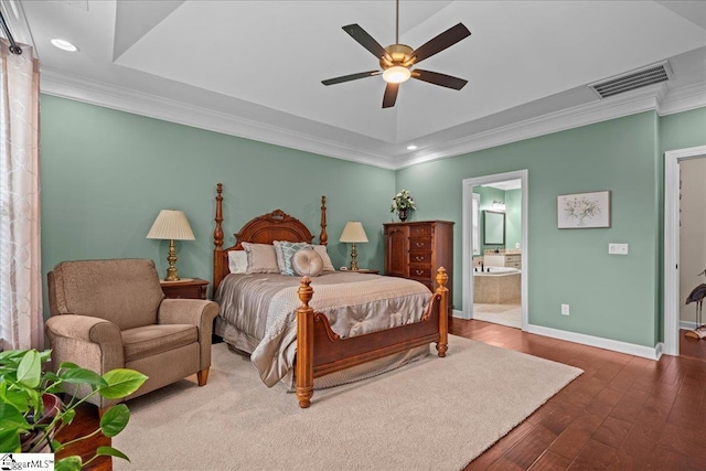 228 Holstein Ct, Fountain Inn, SC 29644 - bedroom featuring crown molding, hardwood / wood-style flooring, recessed lighting, connected bathroom, and ceiling fan