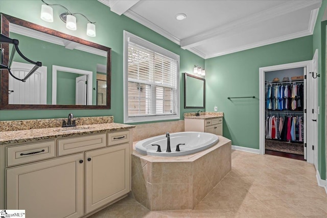 228 Holstein Ct, Fountain Inn, SC 29644 - full bath with a bath, two vanities, beam ceiling, ornamental molding, and tile patterned floors