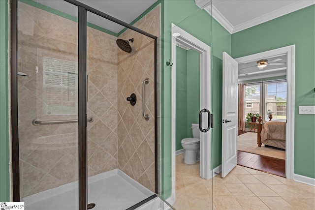 228 Holstein Ct, Fountain Inn, SC 29644 - full bath featuring crown molding, a shower stall, tile patterned floors, connected bathroom, and a ceiling fan