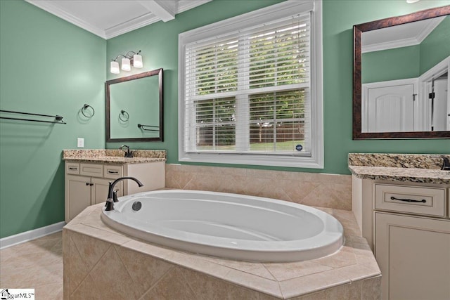 228 Holstein Ct, Fountain Inn, SC 29644 - full bathroom with a garden tub, ornamental molding, vanity, and tile patterned flooring