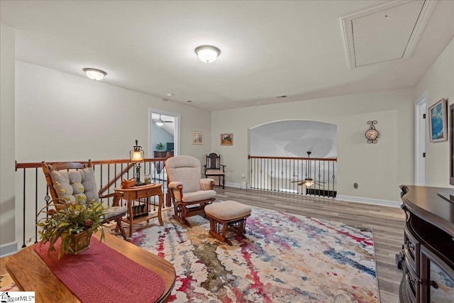 228 Holstein Ct, Fountain Inn, SC 29644 - living room featuring attic access, wood finished floors, and ceiling fan