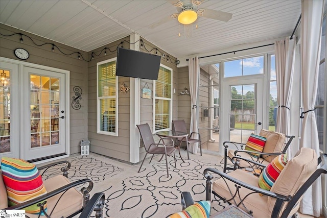 228 Holstein Ct, Fountain Inn, SC 29644 - sunroom with carpet, a ceiling fan, and french doors