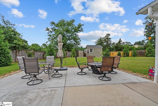 228 Holstein Ct, Fountain Inn, SC 29644 - fenced backyard with a shed, a patio, and outdoor dining space