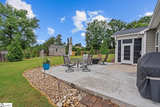 228 Holstein Ct, Fountain Inn, SC 29644 - fenced backyard with grilling area, a patio, and a storage shed