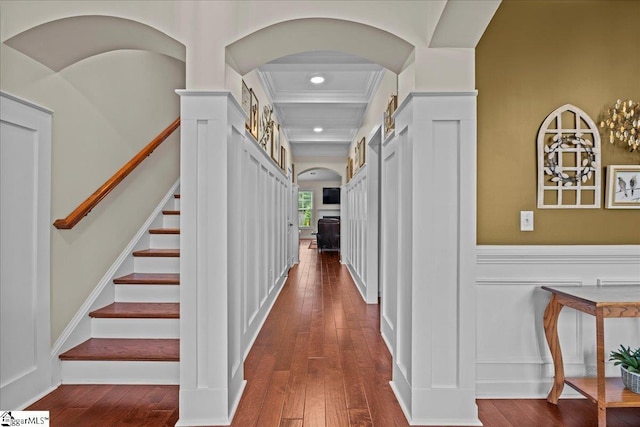 228 Holstein Ct, Fountain Inn, SC 29644 - hallway featuring arched walkways, dark wood-style floors, stairs, crown molding, and recessed lighting