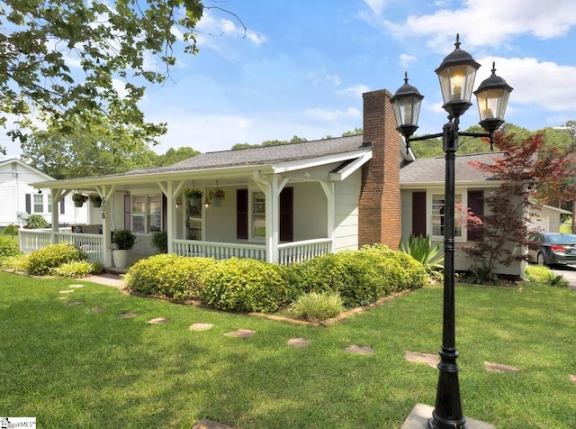 506 Piedmont Hwy, Piedmont, SC 29673 - ranch-style house with covered porch, a front yard, a chimney, and roof with shingles