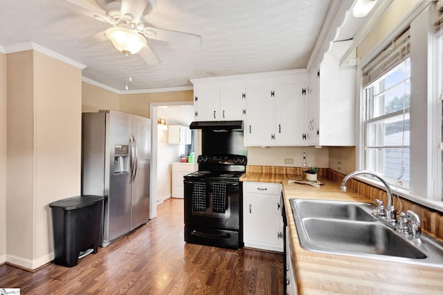 506 Piedmont Hwy, Piedmont, SC 29673 - kitchen featuring black electric range, stainless steel refrigerator with ice dispenser, under cabinet range hood, a ceiling fan, and light countertops