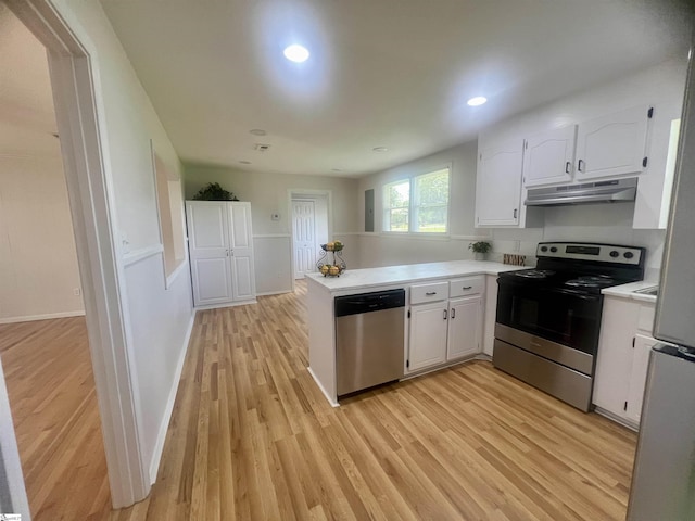 3023 Plainview Rd, Anderson, SC 29626 - kitchen featuring stainless steel appliances, under cabinet range hood, a peninsula, white cabinetry, and light wood finished floors