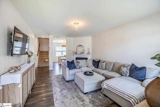 200 Bridlewood Ln, Piedmont, SC 29673 - living room with dark wood-style floors and stairs