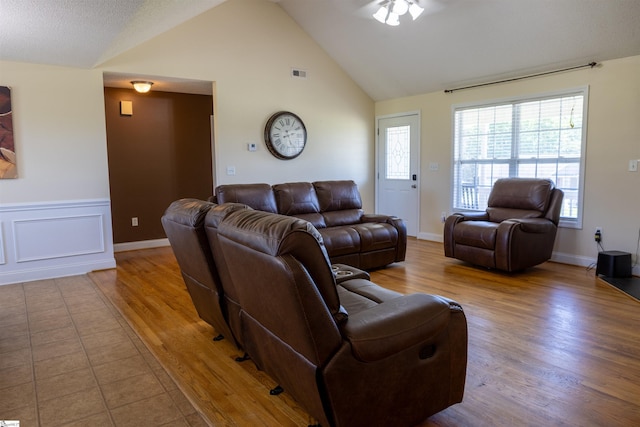 105 Hidden Springs Ct, Gaffney, SC 29341 - living room featuring wood finished floors, ceiling fan, and high vaulted ceiling