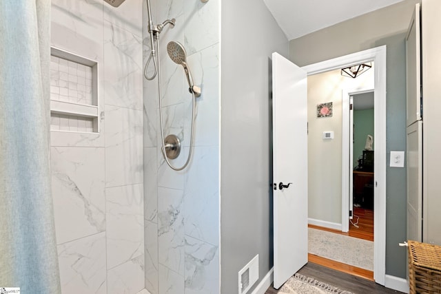 1142 Cooper Bridge Rd, Woodruff, SC 29388 - full bathroom featuring a marble finish shower and wood finished floors