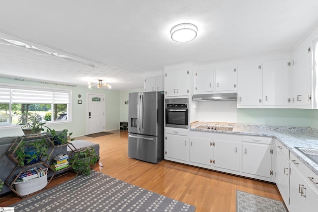 1142 Cooper Bridge Rd, Woodruff, SC 29388 - kitchen with stainless steel appliances, under cabinet range hood, light wood finished floors, and white cabinets
