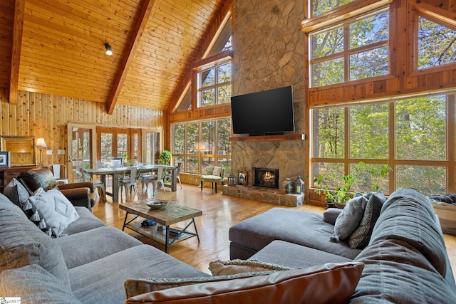207 Sassafras Dr, Taylors, SC 29687 - living area featuring high vaulted ceiling, hardwood / wood-style floors, a wood ceiling with exposed beams, a fireplace, and wood walls
