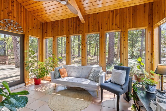 207 Sassafras Dr, Taylors, SC 29687 - sunroom / solarium with tile patterned floors, wood ceiling, wooden walls, and an outdoor living space