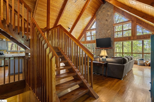 207 Sassafras Dr, Taylors, SC 29687 - stairs featuring wood-type flooring, a wood ceiling with exposed beams, and high vaulted ceiling