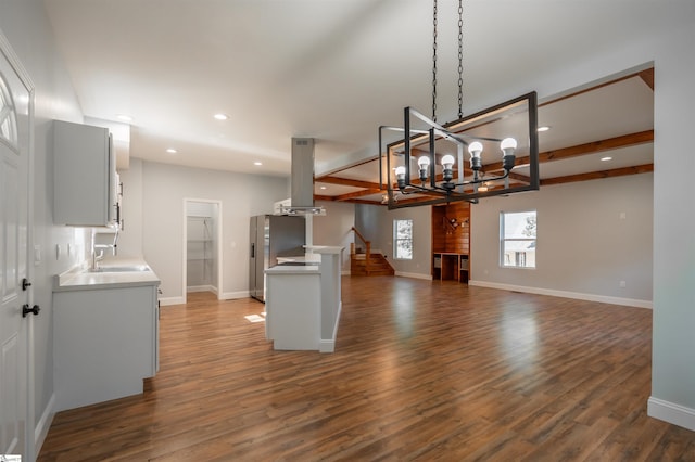 5 Mcgee St, Belton, SC 29627 - kitchen with island exhaust hood, stainless steel fridge with ice dispenser, recessed lighting, a chandelier, and dark wood-style floors