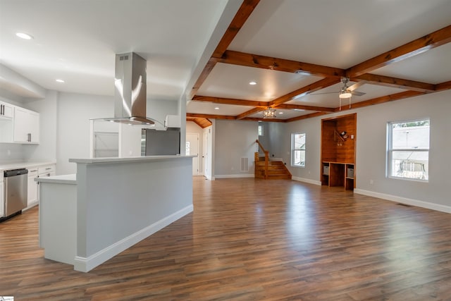 5 Mcgee St, Belton, SC 29627 - kitchen with island range hood, stainless steel appliances, coffered ceiling, dark wood-type flooring, and a ceiling fan