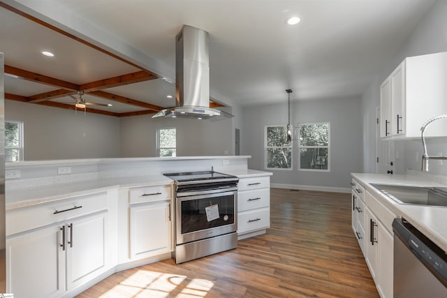 5 Mcgee St, Belton, SC 29627 - kitchen featuring appliances with stainless steel finishes, island range hood, healthy amount of natural light, light wood finished floors, and recessed lighting