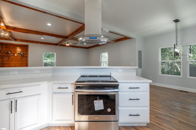 5 Mcgee St, Belton, SC 29627 - kitchen with stainless steel electric range oven, island range hood, light countertops, light wood-type flooring, and white cabinets