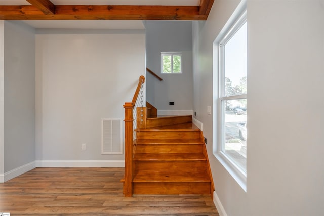 5 Mcgee St, Belton, SC 29627 - stairs with wood finished floors and beamed ceiling