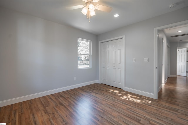 5 Mcgee St, Belton, SC 29627 - unfurnished bedroom featuring attic access, dark wood finished floors, a closet, recessed lighting, and a ceiling fan