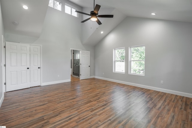 5 Mcgee St, Belton, SC 29627 - unfurnished bedroom featuring high vaulted ceiling, dark wood-type flooring, recessed lighting, and ceiling fan