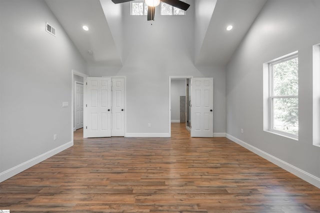 5 Mcgee St, Belton, SC 29627 - unfurnished bedroom featuring high vaulted ceiling, wood finished floors, recessed lighting, and ceiling fan