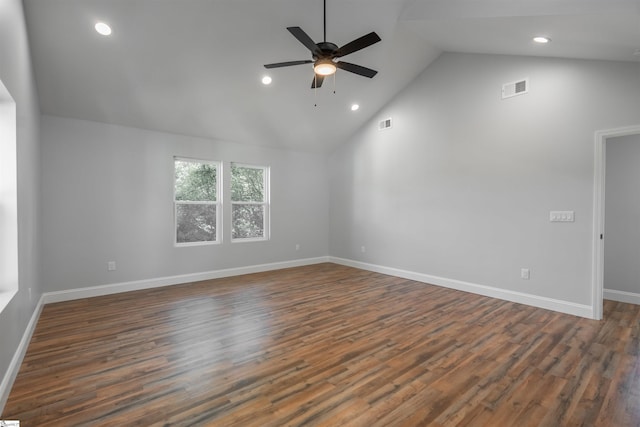5 Mcgee St, Belton, SC 29627 - spare room with ceiling fan, recessed lighting, dark wood-style flooring, and high vaulted ceiling