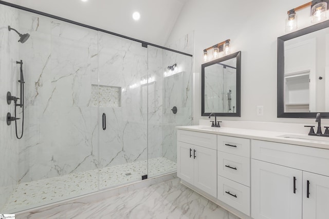 215 Moore Rd, Liberty, SC 29657 - full bathroom with a marble finish shower, marble finish flooring, double vanity, recessed lighting, and vaulted ceiling