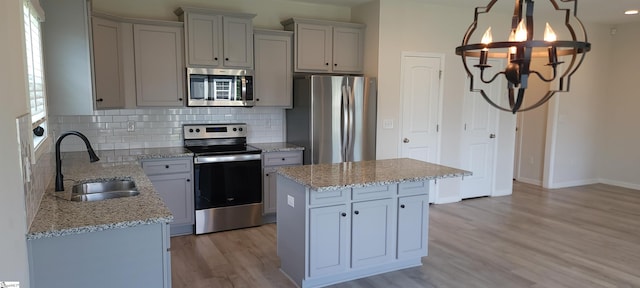 638 Grantleigh Dr, Duncan, SC 29334 - kitchen with appliances with stainless steel finishes, a chandelier, gray cabinets, light wood finished floors, and tasteful backsplash