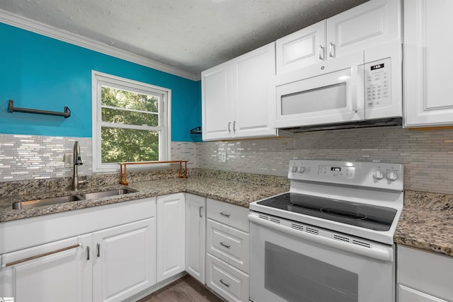 209 Edwards Rd, Lyman, SC 29365 - kitchen featuring white appliances, backsplash, white cabinets, crown molding, and a textured ceiling
