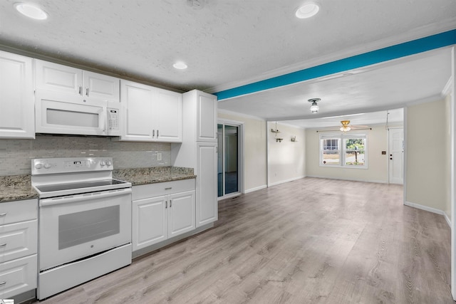 209 Edwards Rd, Lyman, SC 29365 - kitchen featuring white appliances, tasteful backsplash, crown molding, open floor plan, and light wood-style floors