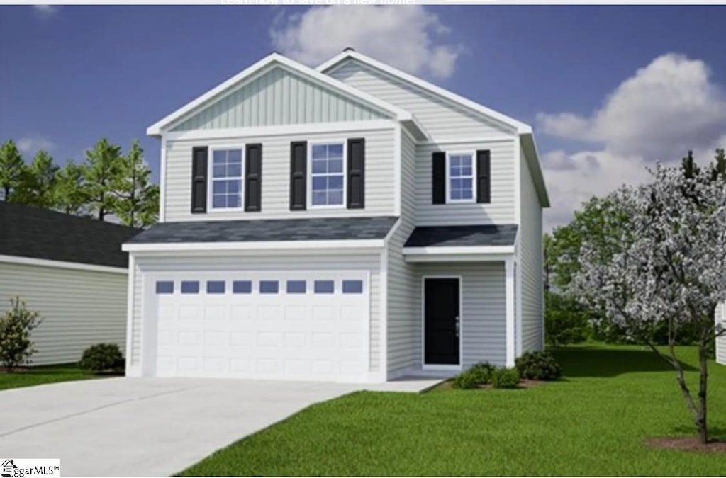 2385 Mill Loop Lot 34, Spartanburg, SC 29301 - view of front of property with a garage, a front yard, concrete driveway, and board and batten siding