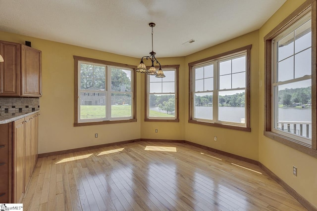 450 Johnson Ave, Anderson, SC 29621 - unfurnished dining area featuring healthy amount of natural light, a chandelier, light wood finished floors, and a water view