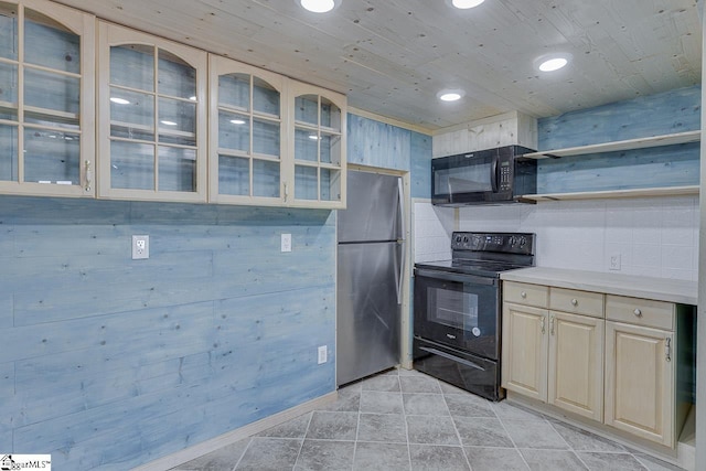 450 Johnson Ave, Anderson, SC 29621 - kitchen with black appliances, glass insert cabinets, open shelves, light countertops, and recessed lighting
