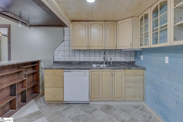 450 Johnson Ave, Anderson, SC 29621 - kitchen featuring white dishwasher, dark countertops, wooden ceiling, light brown cabinetry, and backsplash
