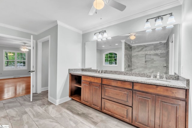 1 Moultrie Dr, Taylors, SC 29687 - bathroom featuring ceiling fan, marble finish flooring, a shower stall, double vanity, and crown molding