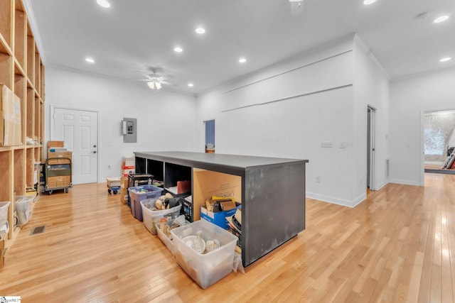 1 Moultrie Dr, Taylors, SC 29687 - home office featuring a ceiling fan, light wood-style flooring, recessed lighting, electric panel, and ornamental molding