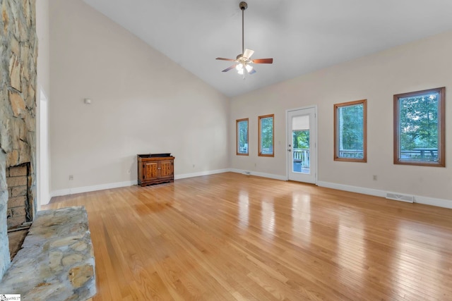 1 Moultrie Dr, Taylors, SC 29687 - unfurnished living room with ceiling fan, high vaulted ceiling, and light wood-type flooring