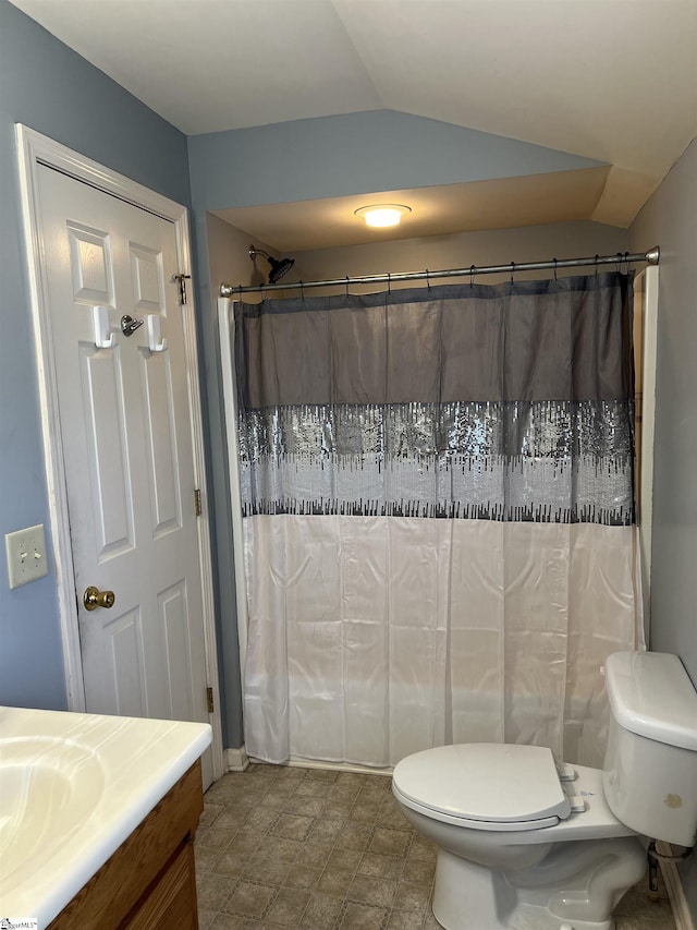 112 Garrison St, Easley, SC 29640 - full bathroom with vanity, lofted ceiling, and a shower with curtain