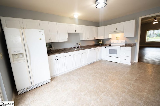 112 Garrison St, Easley, SC 29640 - kitchen featuring white appliances, under cabinet range hood, white cabinetry, and ceiling fan
