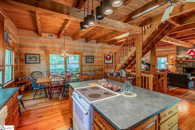 512 Doe Run, Pickens, SC 29671 - kitchen featuring white electric range, a wooden ceiling with exposed beams, light wood finished floors, wood walls, and dark countertops