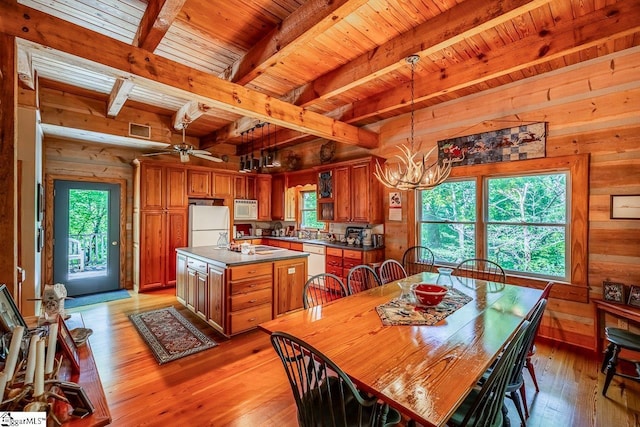 512 Doe Run, Pickens, SC 29671 - dining space featuring wood walls, light wood finished floors, a wooden ceiling with exposed beams, a chandelier, and ceiling fan