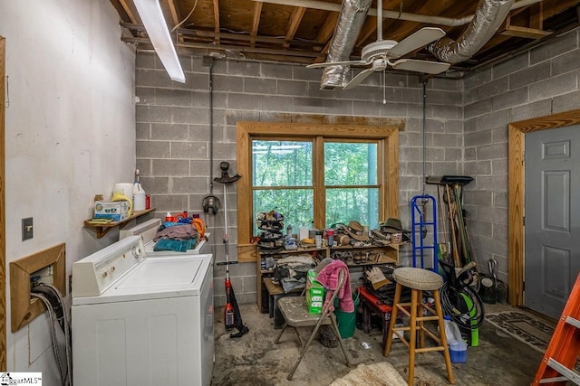 512 Doe Run, Pickens, SC 29671 - miscellaneous room featuring washer and dryer, a ceiling fan, and concrete block wall