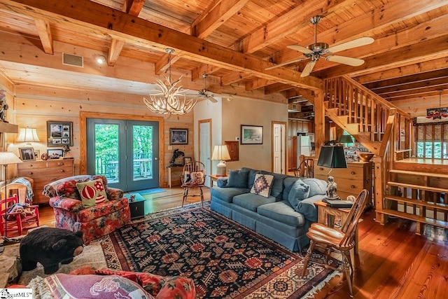 512 Doe Run, Pickens, SC 29671 - living room with wood-type flooring, a wood ceiling with exposed beams, a chandelier, stairs, and a ceiling fan