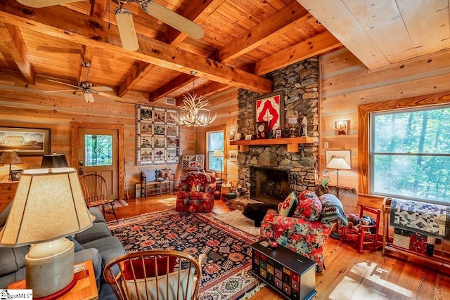 512 Doe Run, Pickens, SC 29671 - living area with a wooden ceiling with exposed beams, a ceiling fan, hardwood / wood-style floors, wood walls, and a fireplace