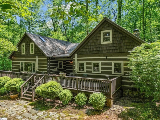 980 Mountain Forest Dr, Union Mills, NC 28167 - back of property featuring a wooden deck and a chimney