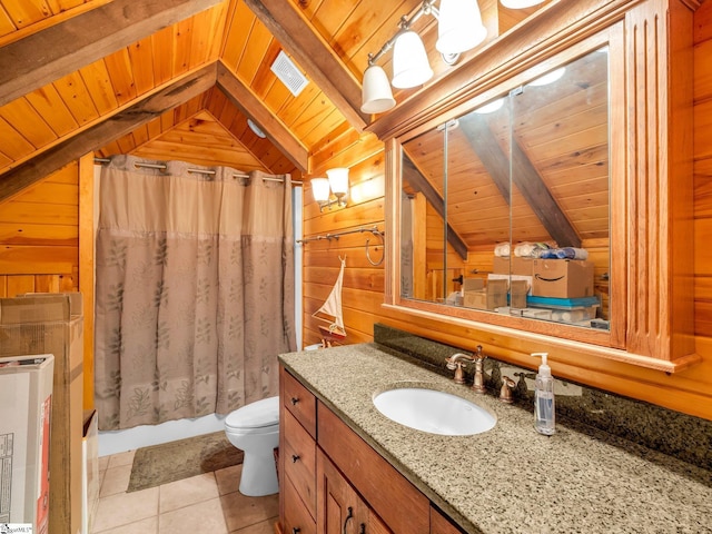 980 Mountain Forest Dr, Union Mills, NC 28167 - full bathroom with vaulted ceiling, wood ceiling, wooden walls, vanity, and tile patterned flooring